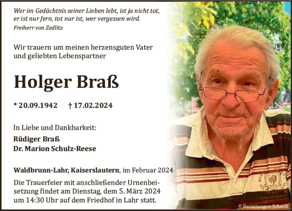  Traueranzeige für Holger Braß vom 24.02.2024 aus Nassauische Neue Presse