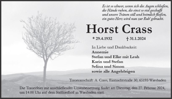 Traueranzeige von Horst Crass von Wiesbadener Kurier