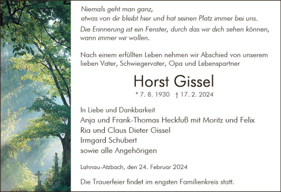 Traueranzeige von Horst Gissel von Wetzlarer Neue Zeitung