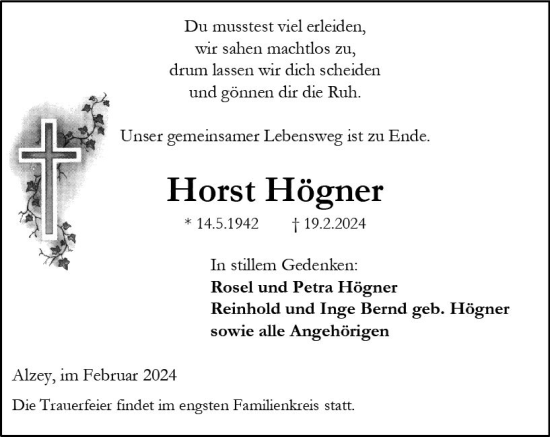 Traueranzeige von Horst Högner von Allgemeine Zeitung Alzey
