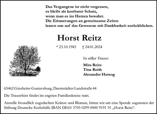 Traueranzeige von Horst Reitz von Allgemeine Zeitung Mainz