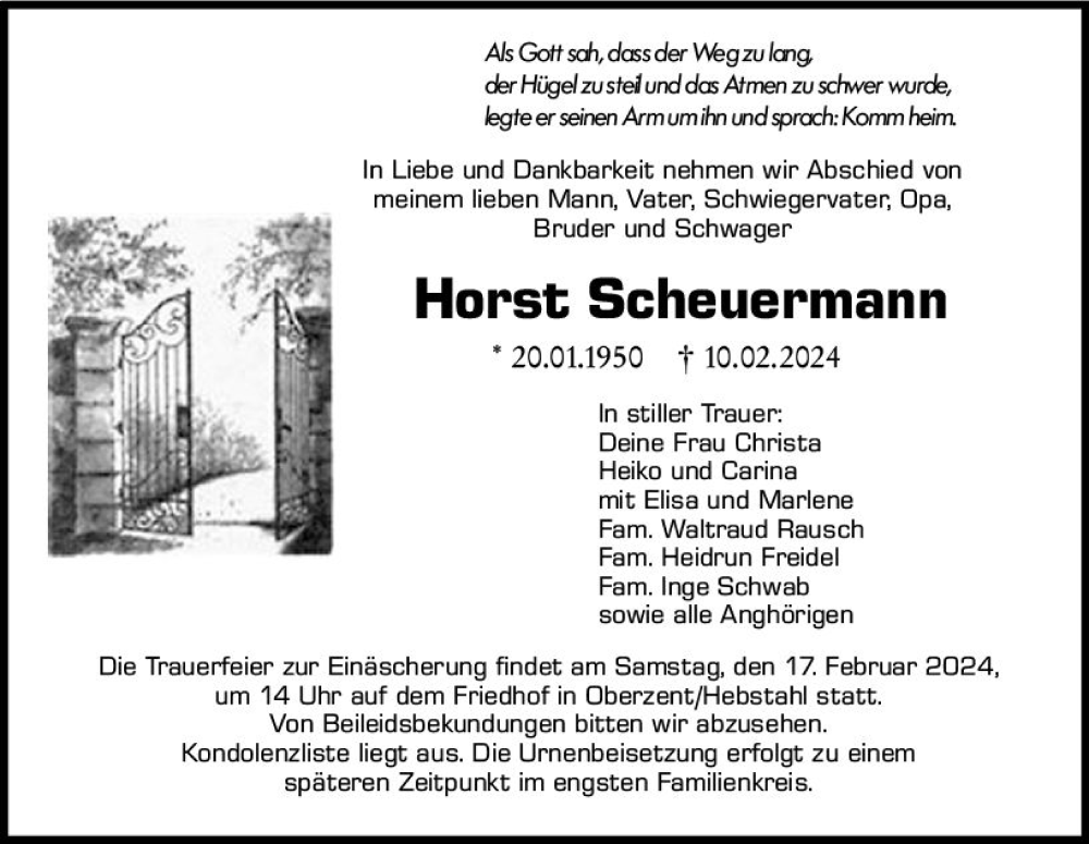  Traueranzeige für Horst Scheuermann vom 14.02.2024 aus Odenwälder Echo