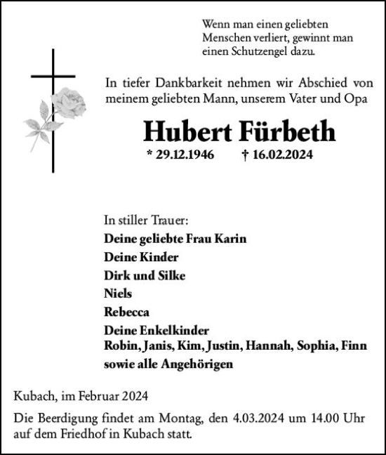 Traueranzeige von Hubert Fürbeth von Weilburger Tageblatt