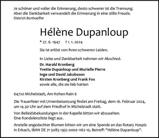 Traueranzeige von Hélène Dupanloup von Odenwälder Echo