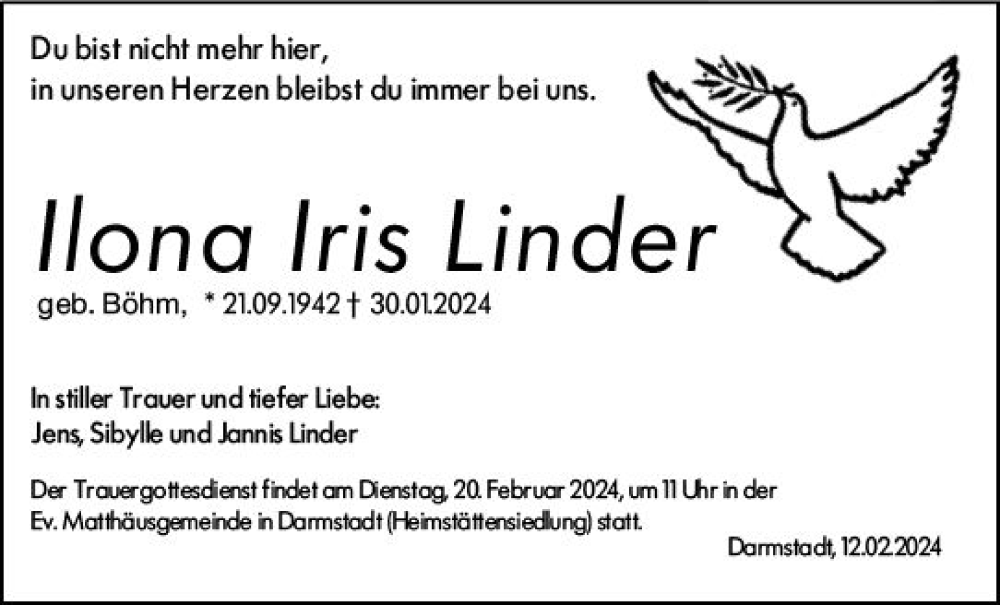  Traueranzeige für Ilona Iris Linder vom 12.02.2024 aus Darmstädter Echo