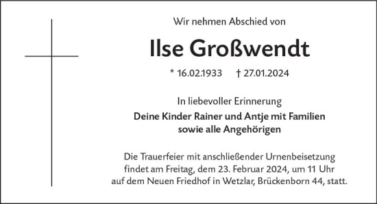 Traueranzeige von Ilse Großwendt von Wetzlarer Neue Zeitung