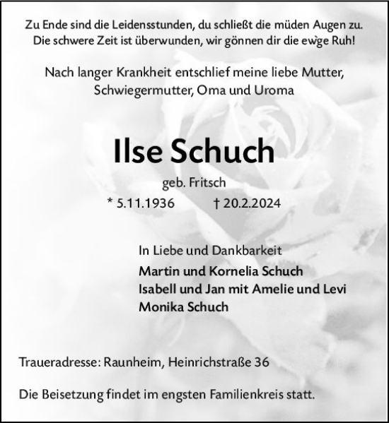 Traueranzeige von Ilse Schuch von Rüsselsheimer Echo