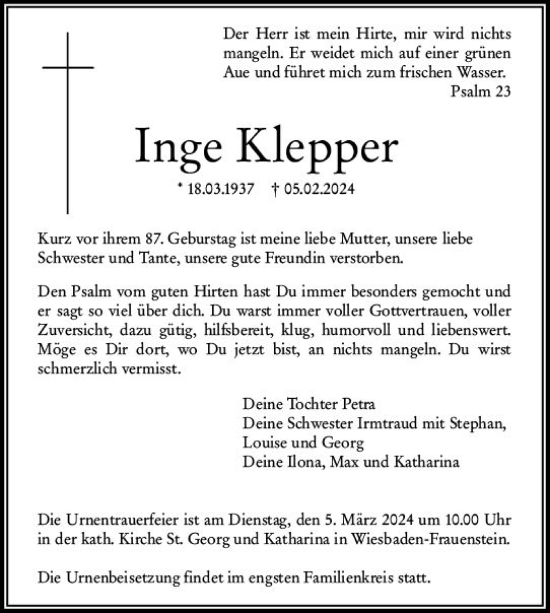 Traueranzeige von Inge Klepper von Wiesbadener Kurier
