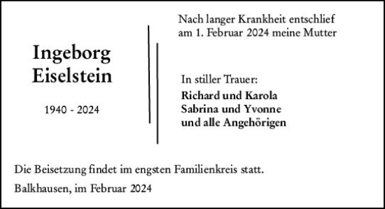 Traueranzeige von Ingeborg Eiselstein von Darmstädter Echo