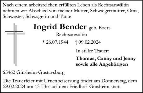 Traueranzeige von Ingrid Bender von Allgemeine Zeitung Mainz