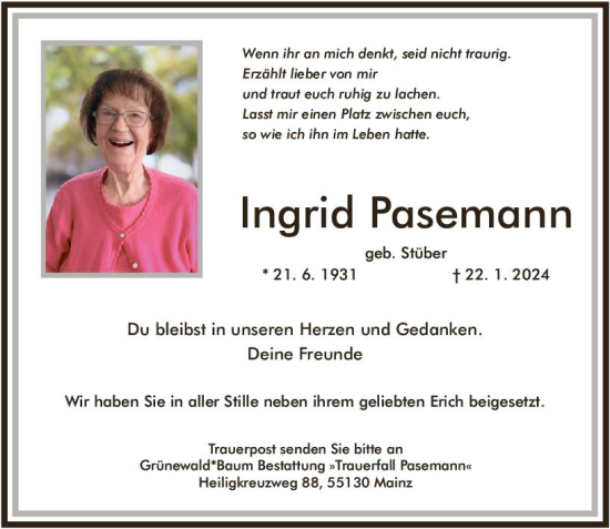 Traueranzeige von Ingrid Pasemann von Allgemeine Zeitung Mainz