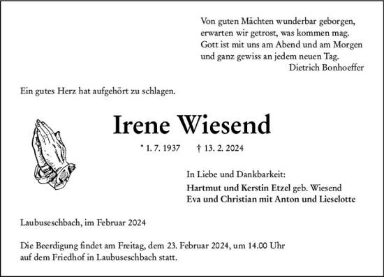 Traueranzeige von Irene Wiesend von Weilburger Tageblatt