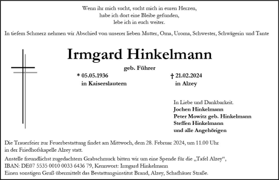 Traueranzeige von Irmgard  Hinkelmann von Allgemeine Zeitung Alzey