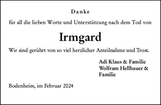 Traueranzeige von Irmgard Klaus von Allgemeine Zeitung Mainz