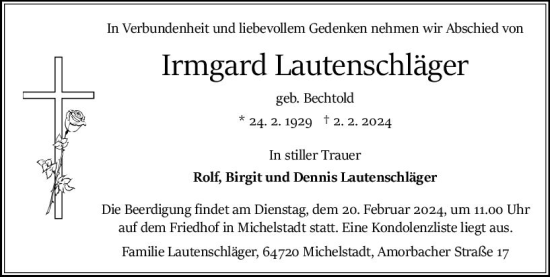 Traueranzeige von Irmgard Lautenschläger von Odenwälder Echo