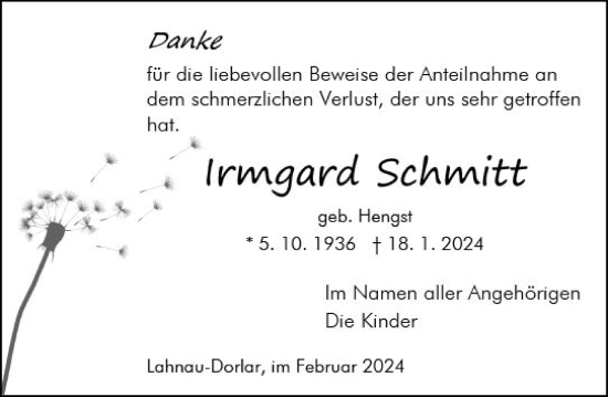 Traueranzeige von Irmgard Schmitt von Wetzlarer Neue Zeitung
