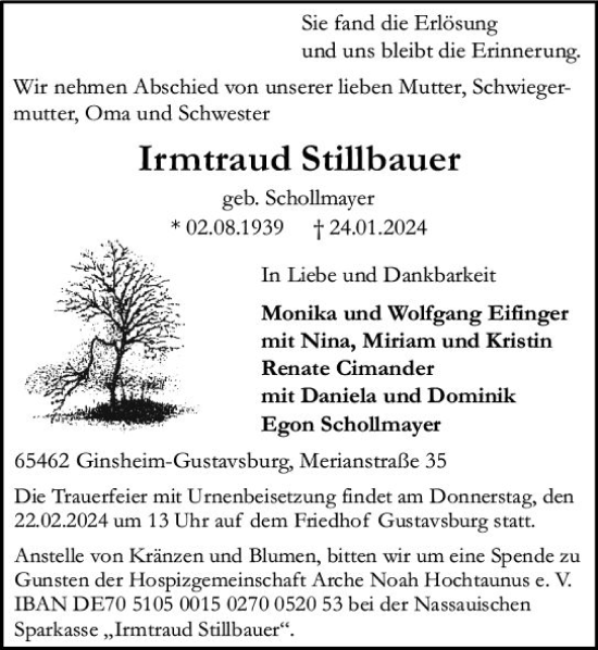 Traueranzeige von Irmtraud Stillbauer von Allgemeine Zeitung Mainz