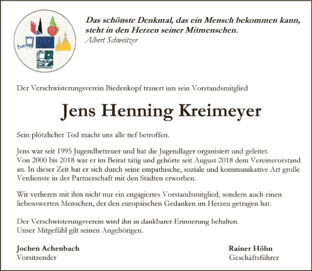  Traueranzeige für Jens Henning Kreimeyer vom 20.02.2024 aus Hinterländer Anzeiger
