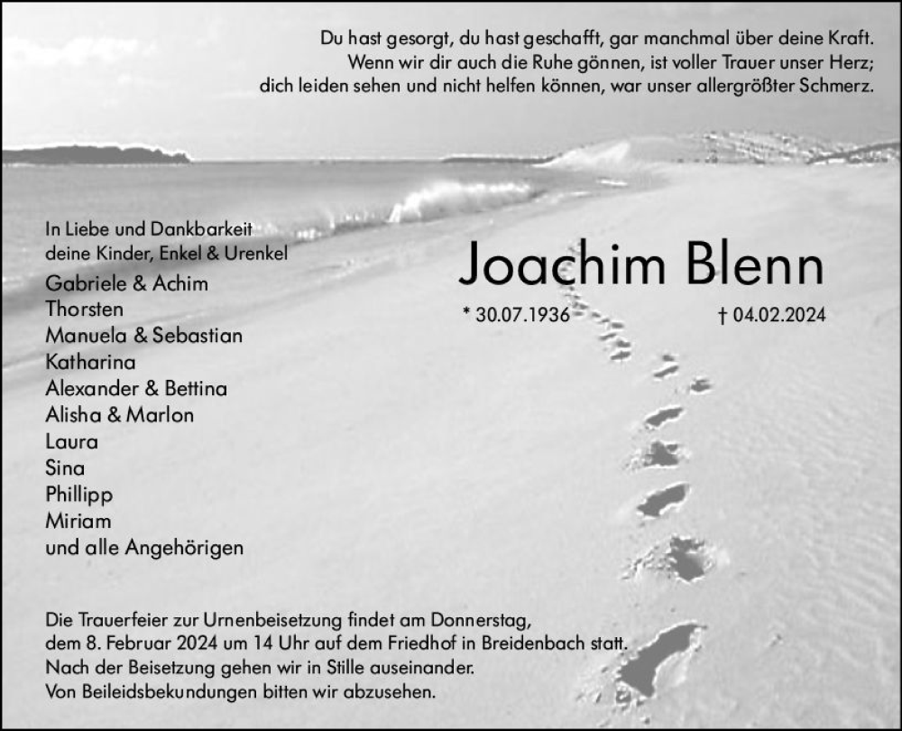  Traueranzeige für Joachim Blenn vom 07.02.2024 aus Hinterländer Anzeiger