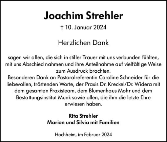 Traueranzeige von Joachim Strehler von Hochheimer Zeitung
