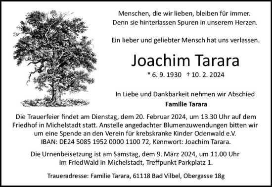 Traueranzeige von Joachim Tarara von Odenwälder Echo