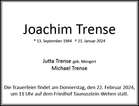 Traueranzeige von Joachim Trense von Wiesbadener Kurier