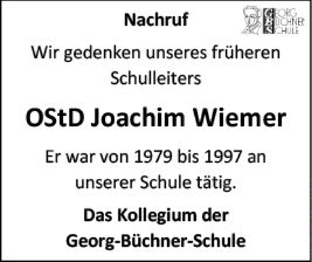  Traueranzeige für Joachim Wiemer vom 03.02.2024 aus Darmstädter Echo