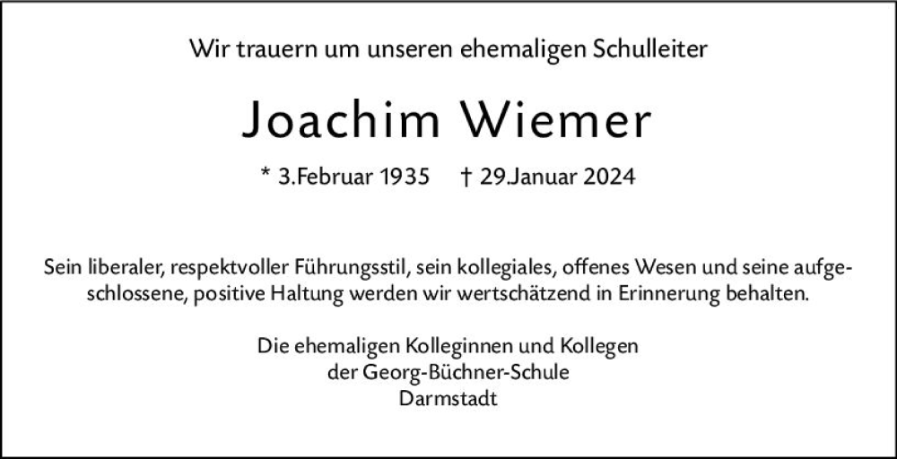  Traueranzeige für Joachim Wiemer vom 10.02.2024 aus Darmstädter Echo