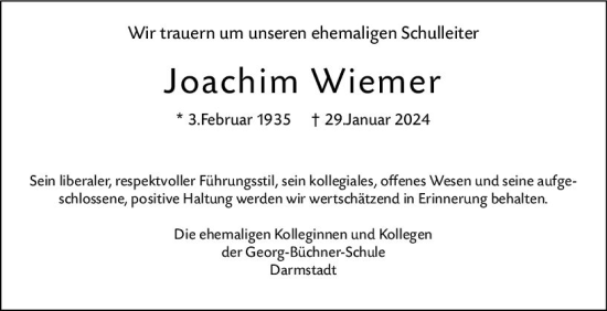 Traueranzeige von Joachim Wiemer von Darmstädter Echo