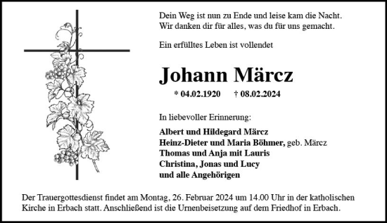 Traueranzeige von Johann Märcz von Rheingau Kurier