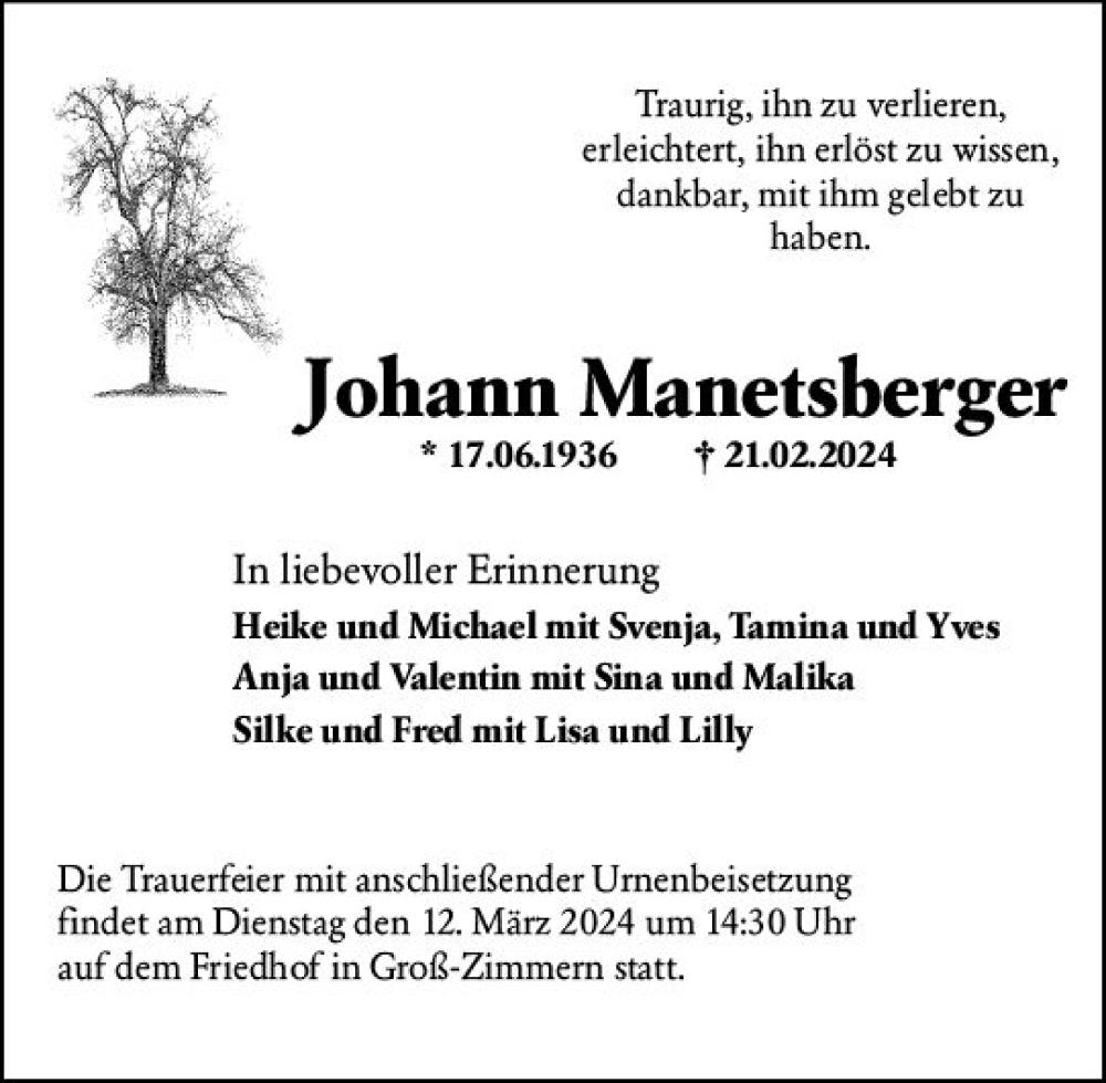  Traueranzeige für Johann Manetsberger vom 24.02.2024 aus Darmstädter Echo