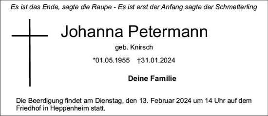 Traueranzeige von Johanna Petermann von Starkenburger Echo