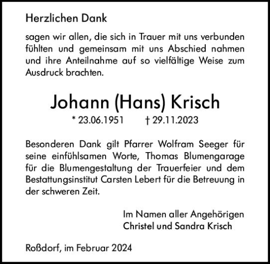Traueranzeige von Johann Hans Krisch von Darmstädter Echo