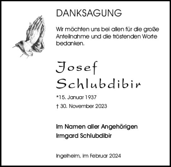 Traueranzeige von Josef Schlubdibir von Allgemeine Zeitung Bingen/Ingelheim