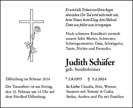 Traueranzeige von Judith Schäfer von Dill Block