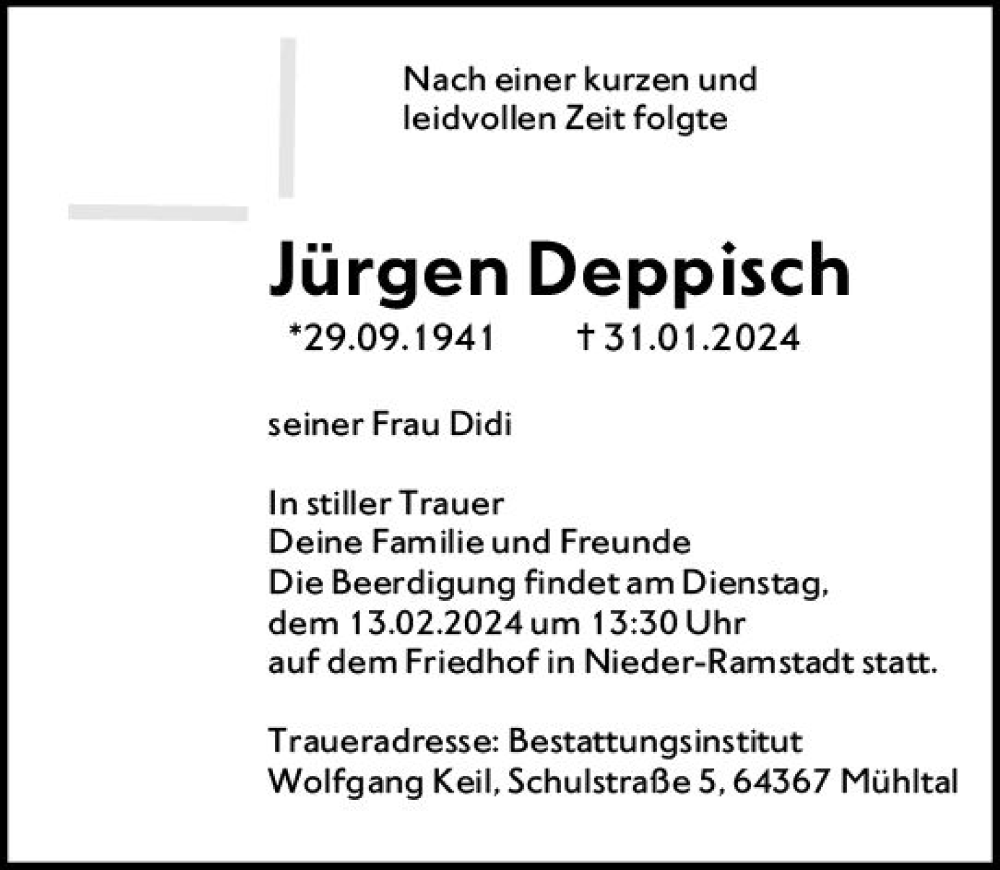  Traueranzeige für Jürgen Deppisch vom 10.02.2024 aus Darmstädter Echo
