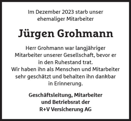 Traueranzeige von Jürgen Grohmann von Wiesbadener Kurier