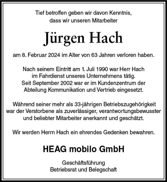 Traueranzeige von Jürgen Hach von Darmstädter Echo