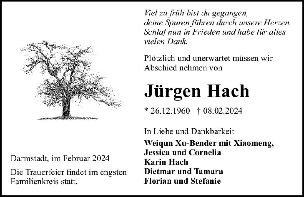  Traueranzeige für Jürgen Hach vom 17.02.2024 aus Darmstädter Echo