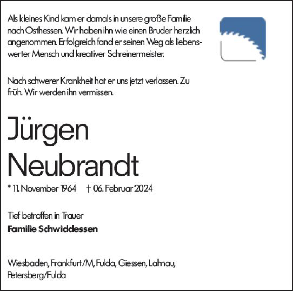  Traueranzeige für Jürgen Neubrandt vom 10.02.2024 aus Wiesbadener Kurier