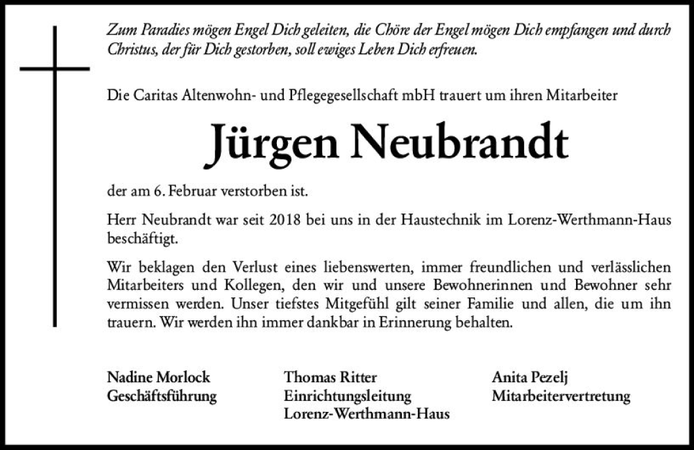  Traueranzeige für Jürgen Neubrandt vom 10.02.2024 aus Wiesbadener Kurier