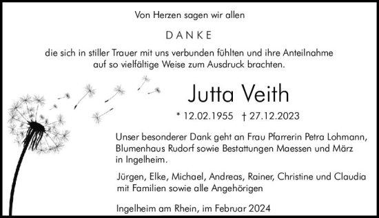 Traueranzeige von Jutta Veith von Allgemeine Zeitung Bingen/Ingelheim