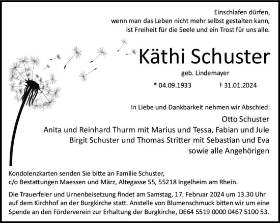 Traueranzeige von Käthi Schuster von Allgemeine Zeitung Bingen/Ingelheim