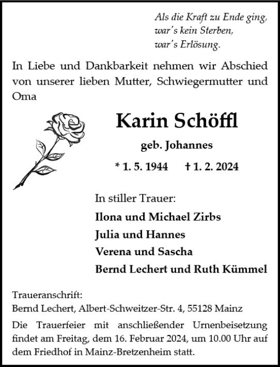 Traueranzeige von Karin Schöffl von Allgemeine Zeitung Mainz