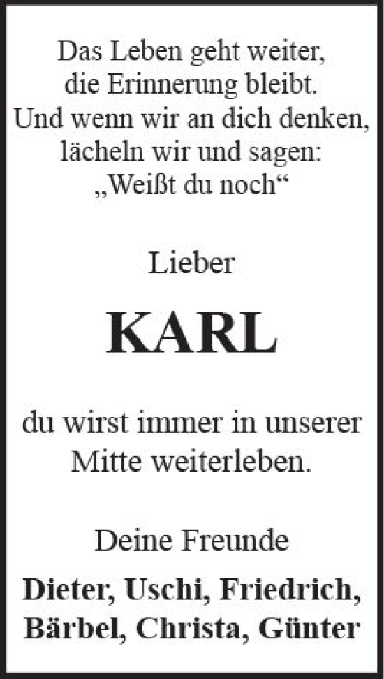Traueranzeige von Karl  von Wiesbadener Kurier