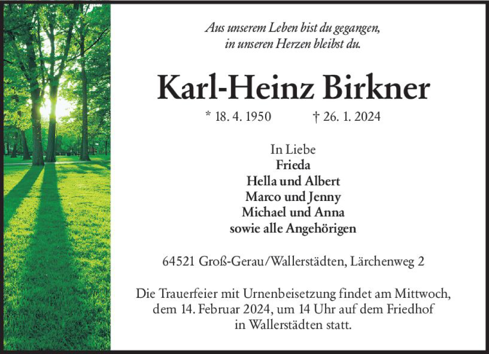  Traueranzeige für Karl-Heinz Birkner vom 10.02.2024 aus Groß-Gerauer Echo