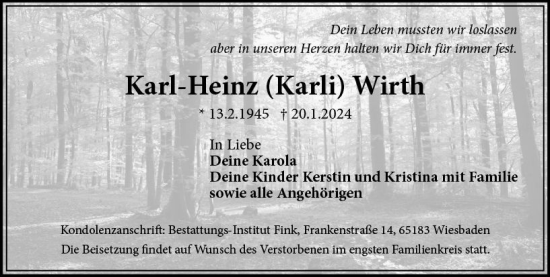 Traueranzeige von Karl-Heinz Wirth von Wiesbadener Kurier