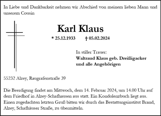 Traueranzeige von Karl Klaus von Allgemeine Zeitung Alzey