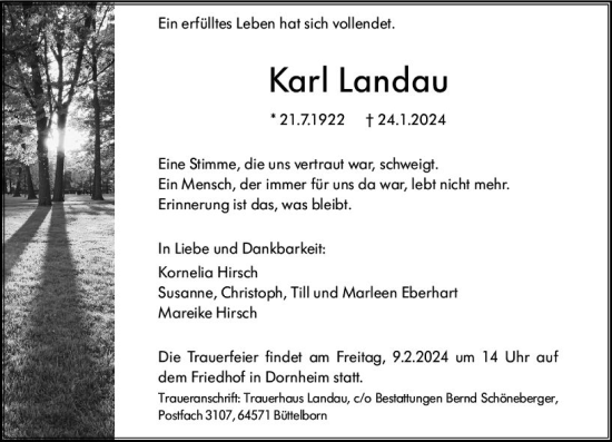 Traueranzeige von Karl Landau von Groß-Gerauer Echo