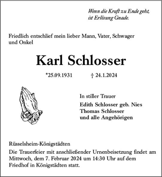 Traueranzeige von Karl Schlosser von Rüsselsheimer Echo